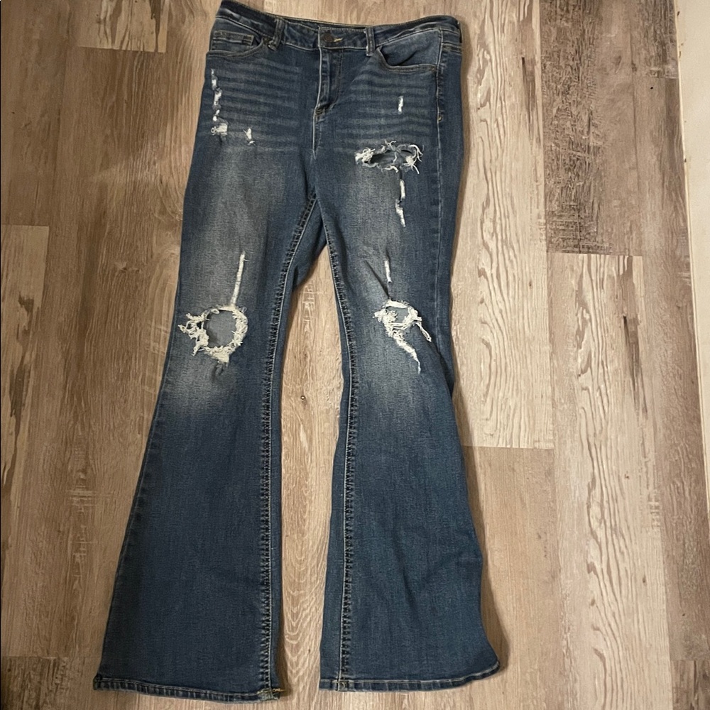 Indigo Rein Flare Jeans in Distressed Blue